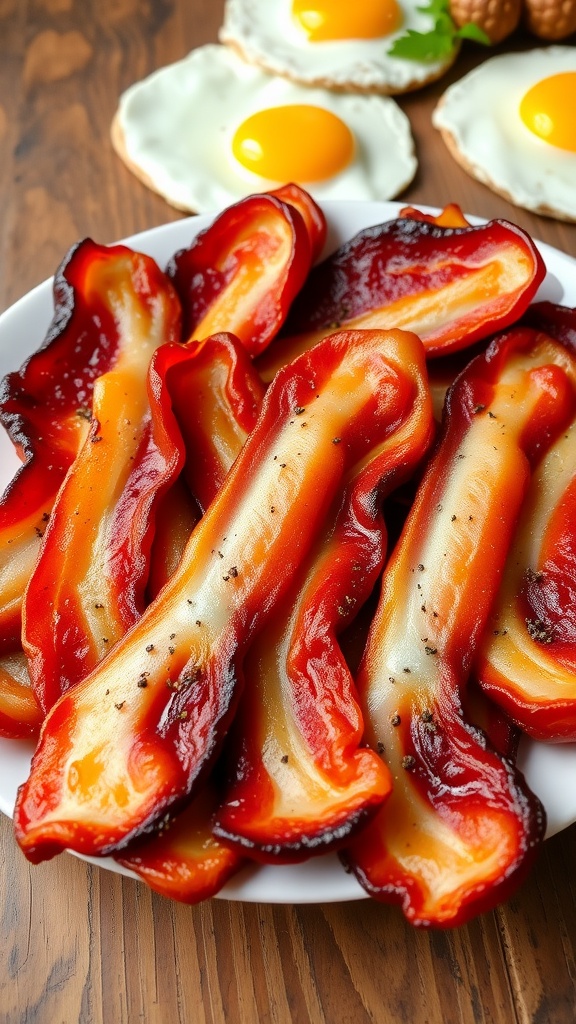 Crispy bacon strips on a white plate with sunny-side-up eggs in a rustic setting.